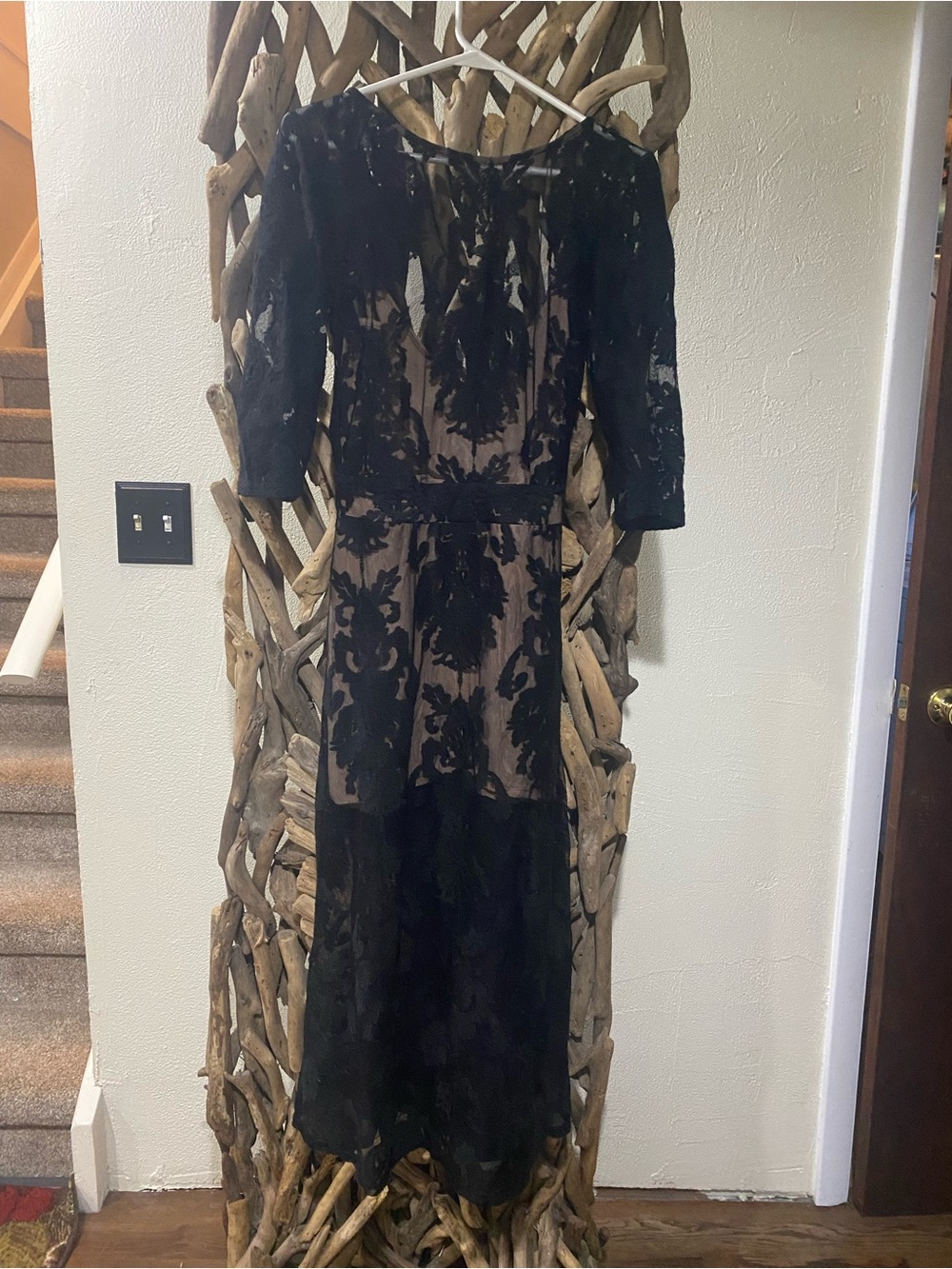 For Love And Lemons Black Lace Over Nude Slip Long Sleeve Midi Dress